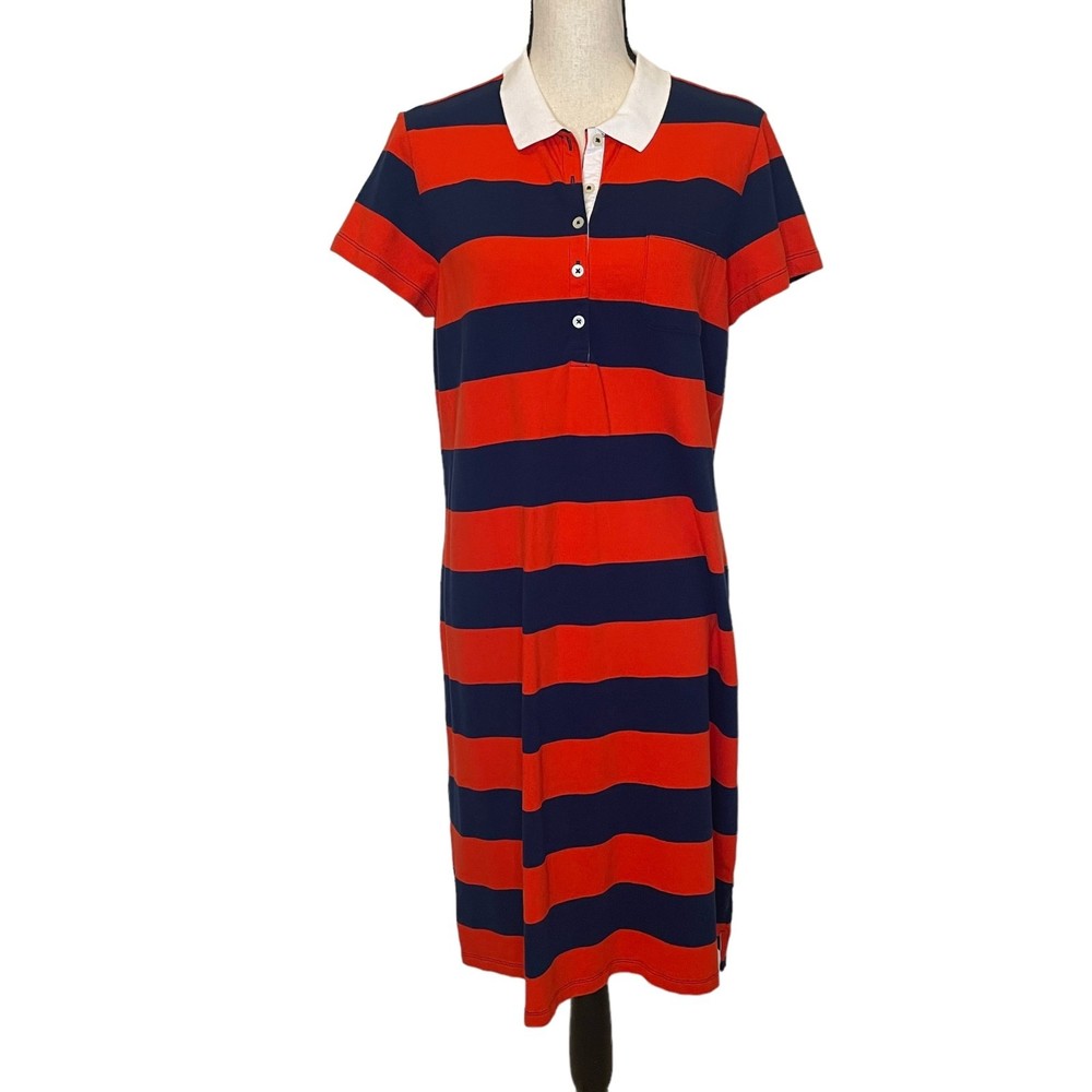 Lands' End Red and Navy Blue Striped Polo Dress with White Collar
